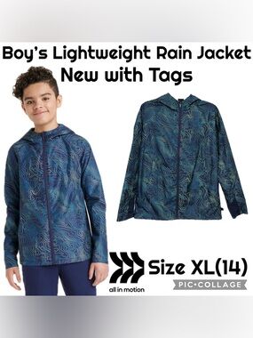 All In Motion Target Kids Zip-Up Hooded Lightweight Rain Jacket Boys Size XL(14)
